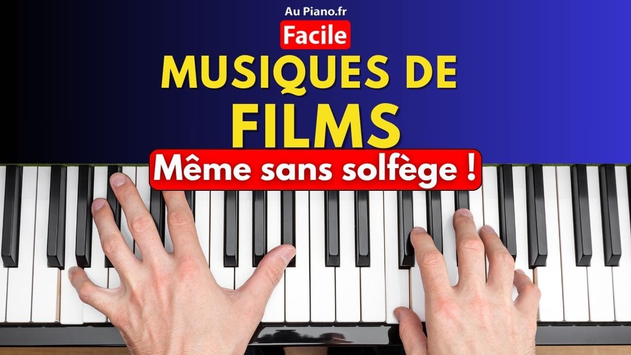 Visuel représentant un cours de piano pour débutants sur les musiques de films : touches illuminées en violet, partitions simplifiées, méthode sans solfège.